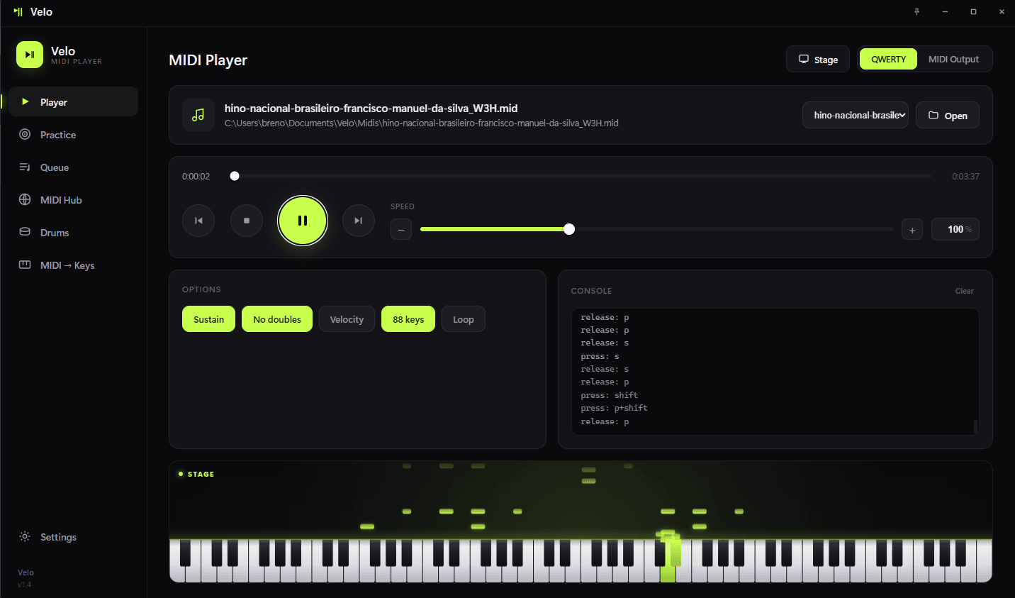 Velo's MIDI Player view