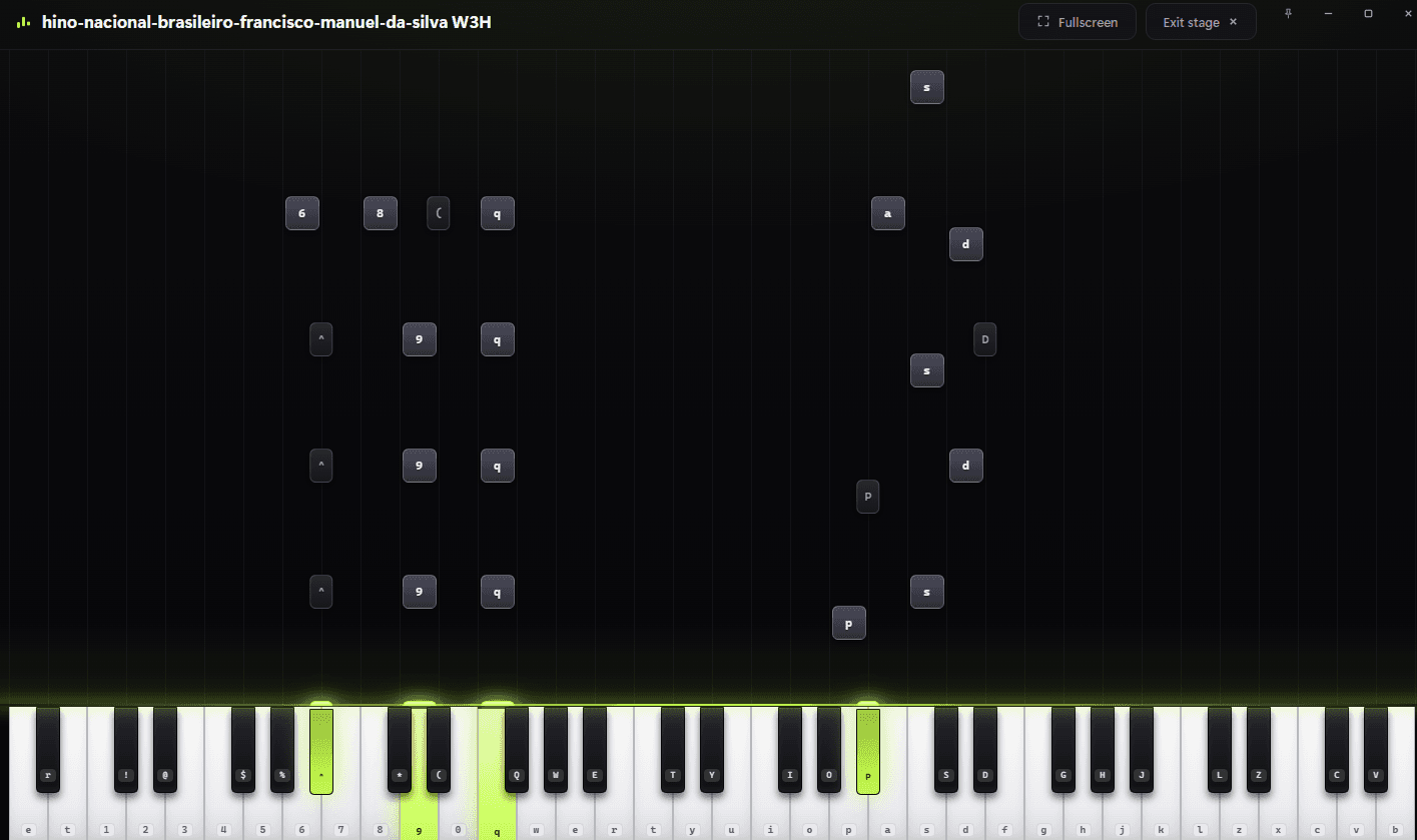 Velo's Stage view — notes falling onto a piano keyboard